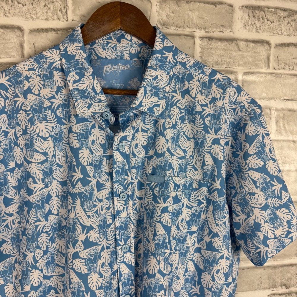 Retro Rifle Foraging Shirt Men Large Blue White Llama Tropical Stretch Button Up